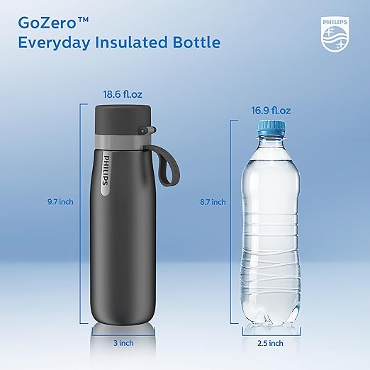 PHILIPS Water Bottle with Filter, Filter Water Bottle Stainless Steel with GoZero Everyday BPA-Free Tap Water Filter, Water Filter Bottle Keep Drink Cold 24 Hours, 1 Filter for 40 gal / 2 Months