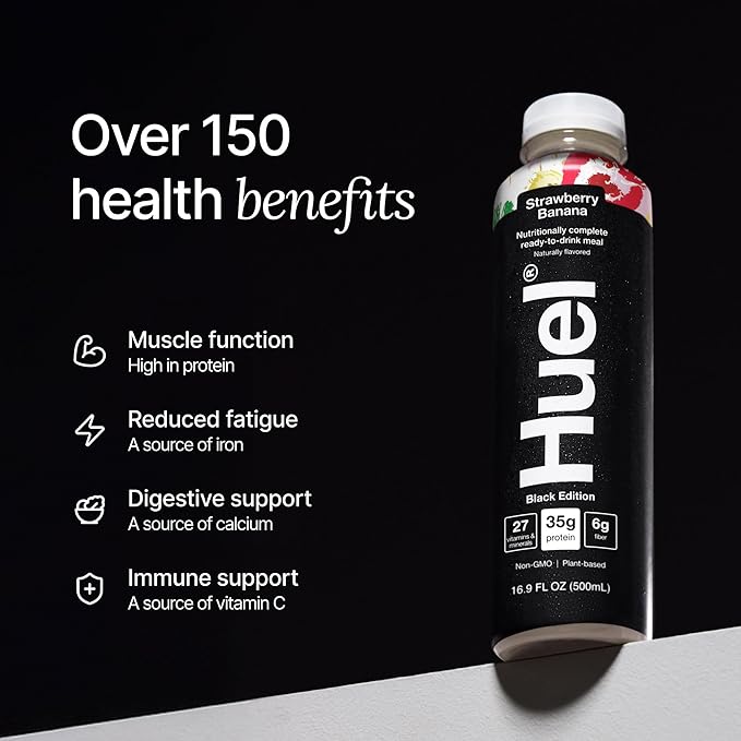 Huel Black Edition Ready-to-Drink | Strawberry Banana Meal Replacement Shake | 35g High Protein Drink | 27 Vitamins & Minerals, Vegan, Gluten Free | Plant Based | Low Sugar | 16.9 Fl Oz, 12 Pack-FlexoryFit