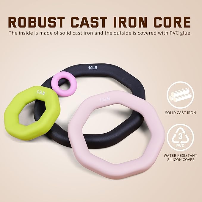 Leikefitness Weight Ring 2-in-1 Kettlebell & Dumbbell, cast Iron+PVC Coating, Yoga Exercise, Aerobics, Core Training, 4 in a Set (0.33LB + 5.5LB + 7.5LB + 10LB)-FlexoryFit