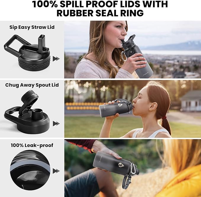 Insulated Water Bottle 32 oz, Triple Wall Vacuum Stainless Steel (Cold for 48 Hrs), Leak Proof & Non-BPA, Modern Water Flask Jug with Paracord Handle & Straw Spout Lids, Dark Grey-FlexoryFit