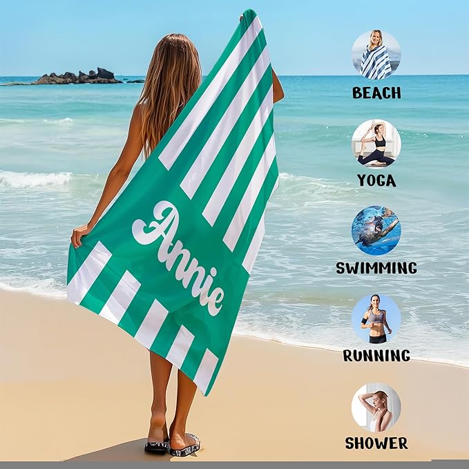 JML Personalized Beach Towel with Name, Custom Cabana Stripe Beach Towel, Customized Microfiber Pool Towel, Quick Dry & Absorbent Swim Towel for Adult,Mother's Day, Birthday, Summer Holiday,Vacation-FlexoryFit