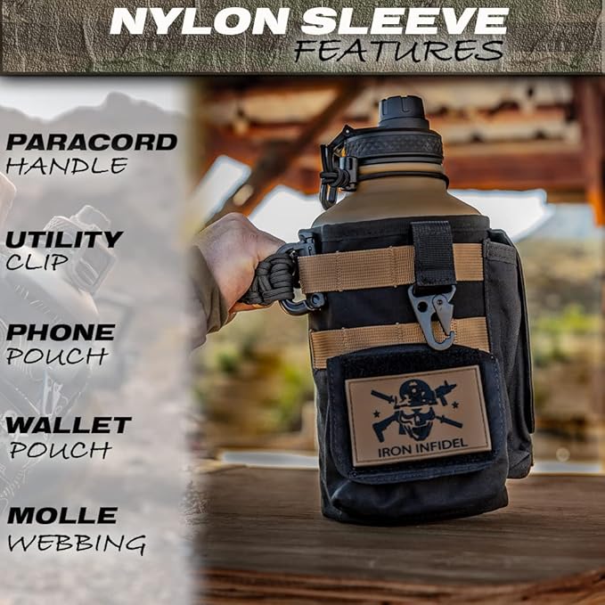 Iron Infidel Battle Bottle - Half Gallon Insulated Water Bottle with Paracord Handle, Large 64 oz Stainless Steel Water Jug with Rugged, Removable Sleeve for Keys, Wallet & Phone (Brown Recluse 2L)-FlexoryFit