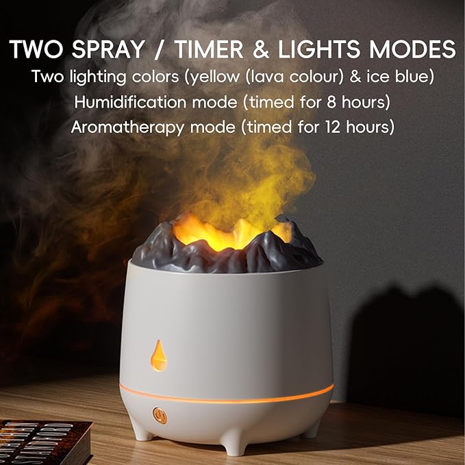 Volcano Flame Diffuser, Aromatherapy Essential Oil Diffuser, 400ml Ultrasonic Cool Mist Humidifier for Bedroom,Office,Home,Yoga, Timer & Auto Shut-Off, Colorful Ambient Night Light (White)