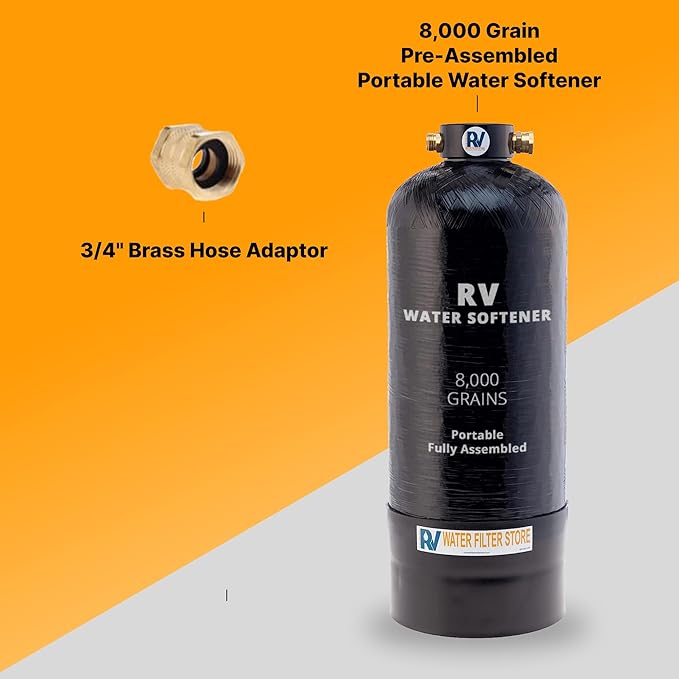 Essential RV Water Softener Portable 8,000 Grain, 3/4" Fittings, Softens Hard Water for RV's Vanlife Nomads Boondockers, New Lighter & Compact Model Easy Storage