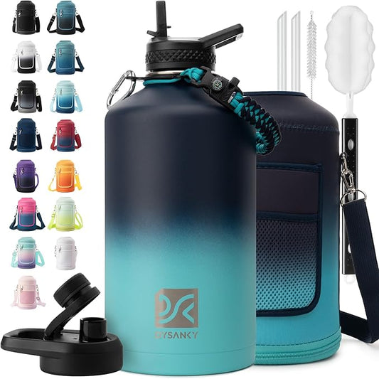 1 Gallon Water Bottle Insulated | Thickened Stainless Steel Vacuum Metal Water Jug | Portable Sports Large for Gym and Hiking with Straw, Carrier Bag, Handle Strap | BPA-Free 128 oz-FlexoryFit