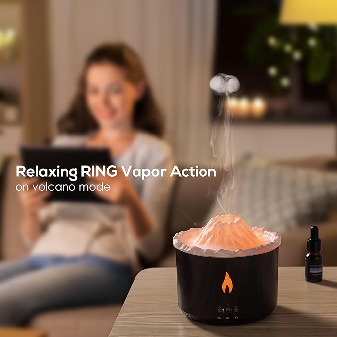 300ml Essential Oil Diffuser, Volcano Flame Aromatherapy Diffusers Fragrant Humidifier Vaporizer with Remote Control, Night Lights, Timer Auto Off for Bedroom Home Office (Dark Wood Grain)