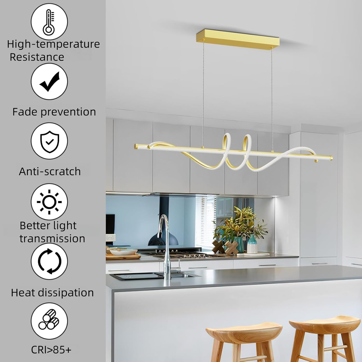 Modern LED Pendant Lights, Ceiling Chandelier Dimmable with Remote Control 3000k-6000K Adjustable Color Temperature, Aluminum Island Lighting Lamp Fixture for Kitchen, Dining Room(47in Gold)