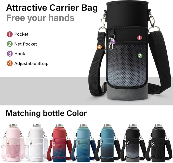Insulated Water Bottle | Thickened Stainless Steel Vacuum Metal | Portable Sports Water Jug for Gym and Hiking with Straw, Carrier Bag, Handle Strap | BPA-Free 40 oz-FlexoryFit