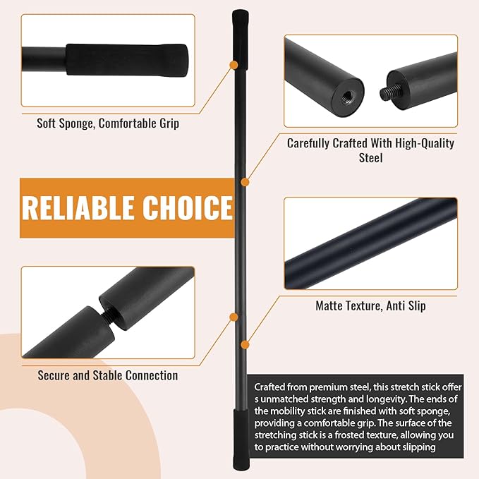 Yoga Stick 5ft Mobility Stick, Sturdy Steel Exercise Bar Adjustable Stretching Stick for Mobility, Training, Flexibility and Balance, Versatile Stretch Bar with 4 Steel Rods & Foam Handles-FlexoryFit