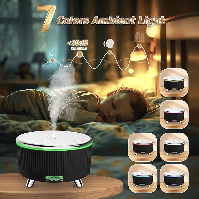 Essential Oil Diffuser for Large Room 500ml,Diffusers for Home with R/C,Aromatherapy Diffuser Waterless Auto Off,Cool Mist Humidifier 7 Colors Light & 3 Mist Modes for Bedroom Office Black Silver