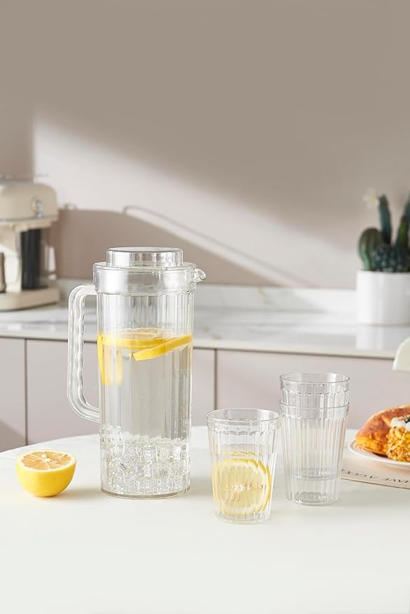 Blue Boat Plastic Picther (64oz) with 6 water cups, Clear Water Pitcher with Lid, Fridge Jug, BPA-Free, Shatter-Proof,BPA-Free, Great for Both Iced and Hot Drinks, Indoors and Outdoors