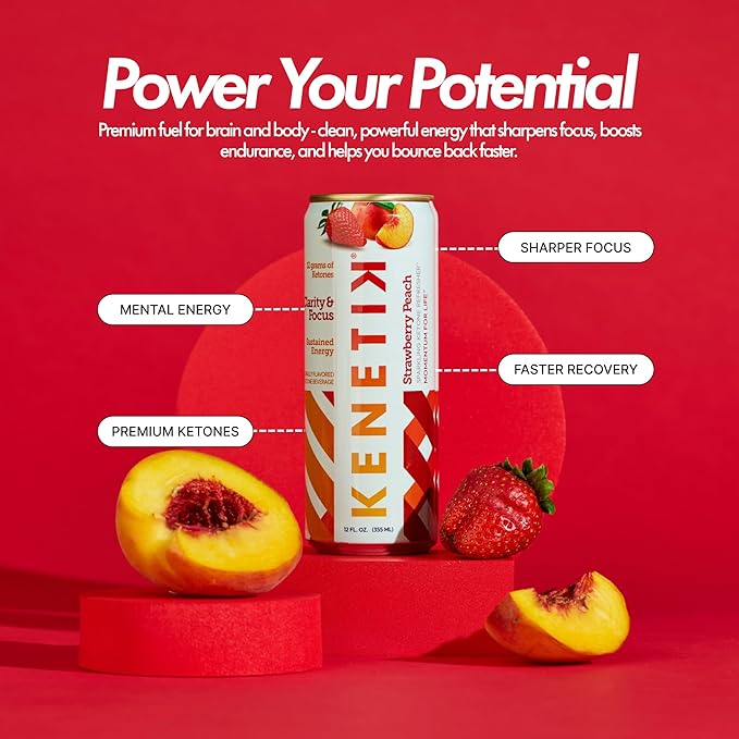 KENETIK Nootropic Ketone Drink, Ketones for Energy & Focus, Caffeine & Sugar Free, High Performance D-BHB Ketone Mix, Fuel w/Zero Crash or Jitters, Ready to Drink - Strawberry Peach 12 Pk-FlexoryFit