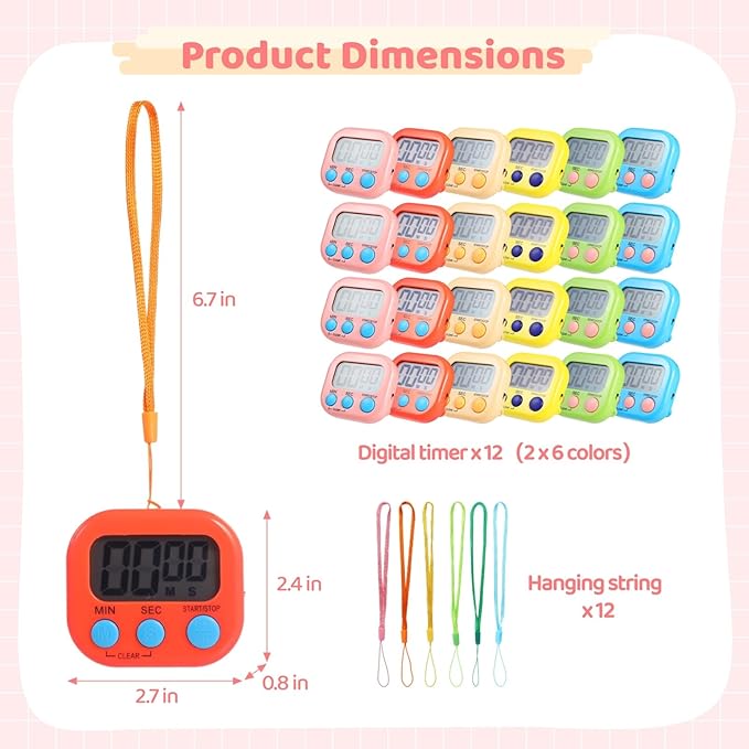 12 PCS Bulk Digital Timer, Timers for Classroom, On/Off Switch Minute Second Countdown Big LCD Display Timer, Loud Alarm for Exercise Cook Baking Teacher-FlexoryFit