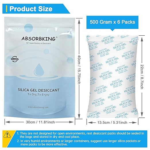 Desiccant Packs – 500 Gram 6 Packs Silica Packets for Moisture Control, Silica Gel Car Dehumidifier by Reusable, Large Moisture Absorbers for Electric Tool, Basement, 3D Filaments and Safes