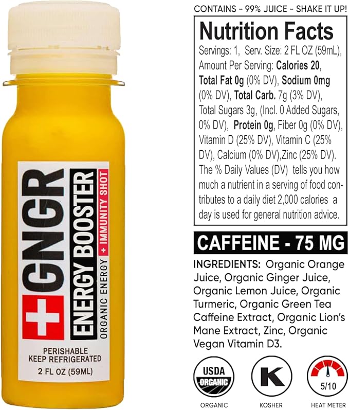 '+GNGR Energy Booster & Immunity Shot, Cold-Pressed Ginger Shots with Lions Mane, 75mg of Natural Caffeine Green Tea, Turmeric Root, Vitamin D & Zinc for All Natural Immune Support (2 Oz, Pack of 12)-FlexoryFit