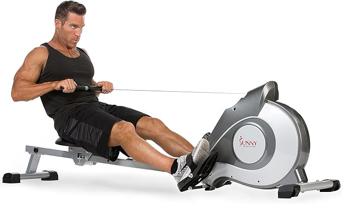 Sunny Health & Fitness Flip & Foldable Rowing Machine for Home w/Extended Slide Rail, Full-Body Workout, Low-Impact, Optional Extra Long Rail, Quiet Rail Cover, Water Motion and Free SunnyFit App-FlexoryFit