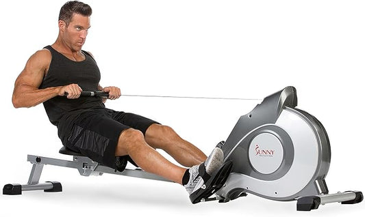 Sunny Health & Fitness Flip & Foldable Rowing Machine for Home w/Extended Slide Rail, Full-Body Workout, Low-Impact, Optional Extra Long Rail, Quiet Rail Cover, Water Motion and Free SunnyFit App-FlexoryFit