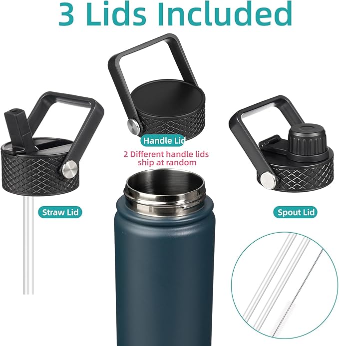 18 oz Insulated Water Bottle Stainless Steel Sport Bottles with 3 Lids,Navy Blue-FlexoryFit