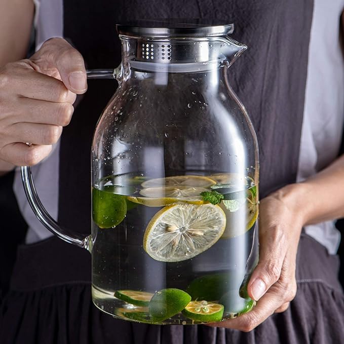 88oz Glass Pitcher with Lid and Handle - High Heat Resistance Glass Water Pitcher for Hot/Cold Water & Iced Tea (2.6L)