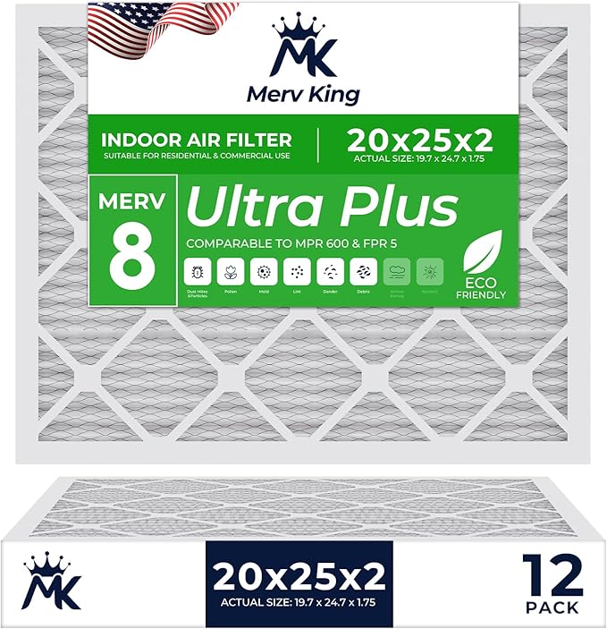 MervKing 20x25x2 Air Filter Actual Size: 19.7" x 24.7" x 1.75" MERV 8 MPR 600-700 | MADE IN USA | 12-Pack | Pleated HVAC AC Furnace Replacement