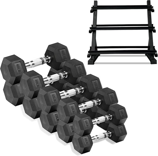 Ritafer 6-10 Pair Hex Rubber Dumbbell Set 350/450 and 550 lbsï¼?-50 lbs ）Hand Free Weight for Strength Coated Encased Iron Weights with Dumbbells Storage Rack Home Gym-FlexoryFit