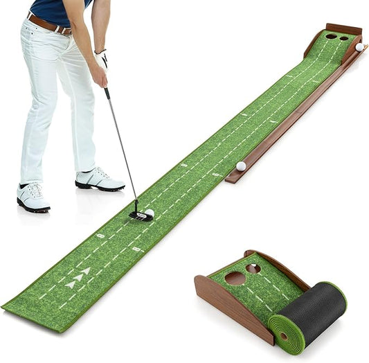 Tangkula 10 FT Golf Putting Green, 2/3-Hole Golf Putting Practice Mat with Auto Ball Return for Indoors & Outdoors, Alignment Guides & 3 Golf Balls, Mini Golf Game for Home and Office