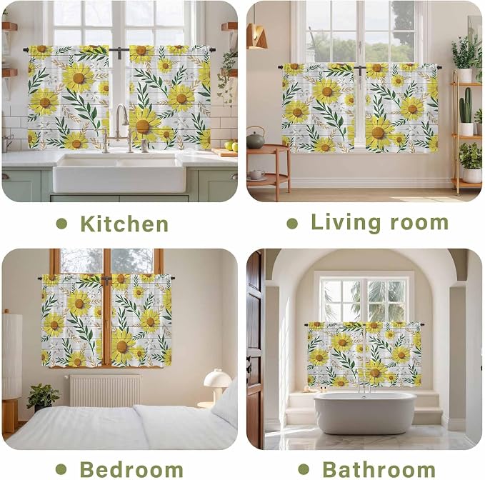 Yellow Daisy Tier Curtains, Farmhouse Country Flower Leaf Plant Wood Grain - Image 8