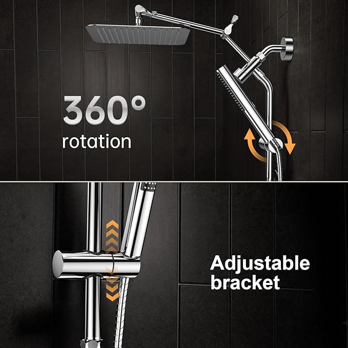 Veken 10" Luxurious All Metal Rain Shower Head with Handheld, High Pressure Rainfall Shower Heads wih Extension Arm, Wide Dual Showerhead with Spray Combo, Bathroom Accessories, Chrome, Silver