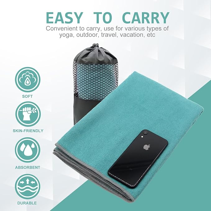 Eunzel Yoga Towel,Hot Yoga Mat Towel with Grip Dots Sweat Absorbent Non-Slip for Hot Yoga, Pilates and Workout 24" x72", Dark Cyan-FlexoryFit