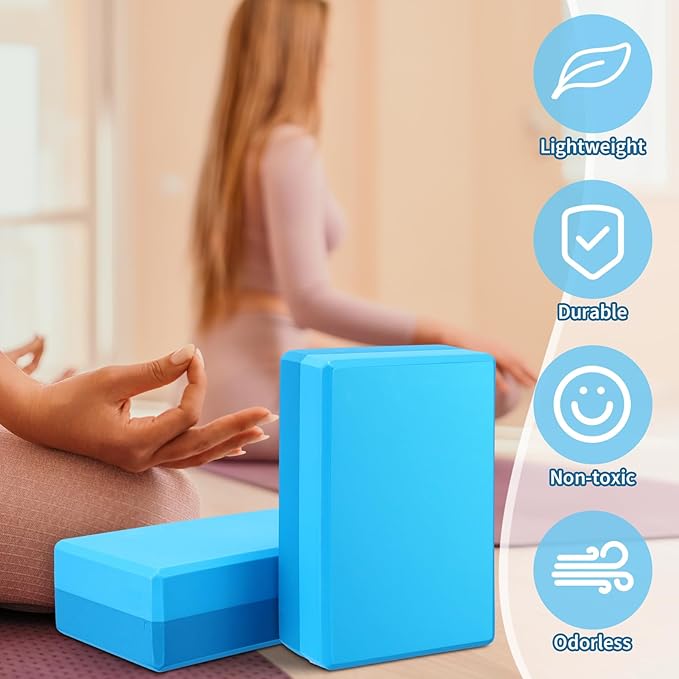Liliful 10 Pcs Yoga Blocks Bulk Eva Foam Exercise Yoga Brick Soft Non Slip Surface Foam Blocks High Density Yoga Accessories for Workout Stability Balance Deepen Stretches Pilates 9''x6''x3''(Blue)-FlexoryFit