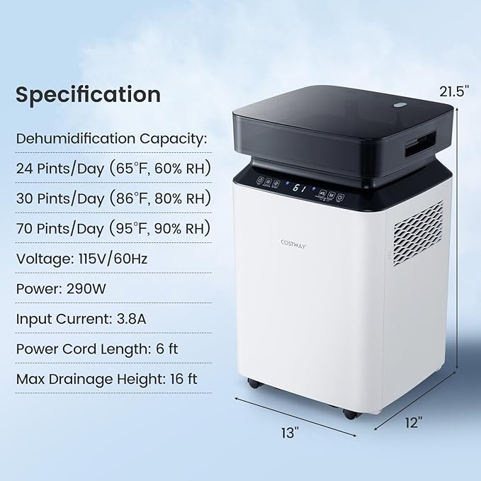 COSTWAY 70 Pints Dehumidifier with Pump, Easy Humidity Control, Multiple Drainage Options, 24H Timer & 2.2 Gal Water Tank, Dehumidifier for Basement, Home