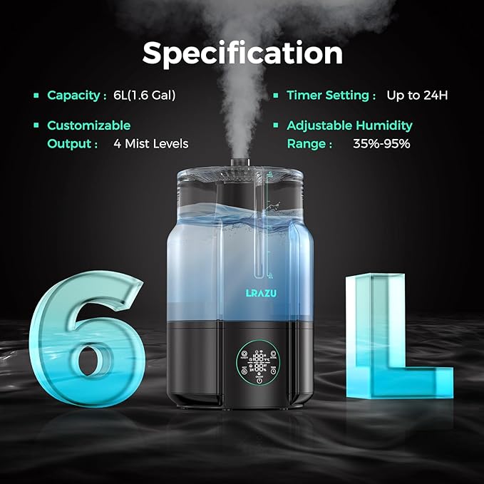 6L Humidifier for Plants, Reptile Mister System Foggers for Home Indoor, Smart Humidifier with Timer for Grow Tent, Mushroom, Houseplants, Reptile Tank and Accessories - 40H 22dB Remote Control