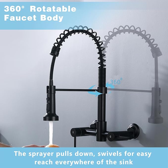 Wall Mount Kitchen Faucet, 8 Inch Center Wall Mount Kitchen Sink Faucet with Pull Down Sprayer, Commercial, Black