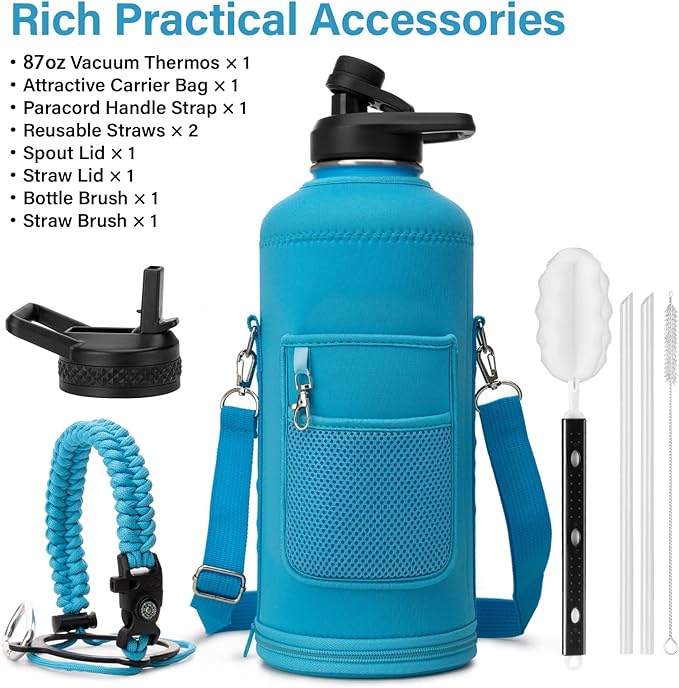 Insulated Water Bottle | Thickened Stainless Steel for Gym and Hiking with Straw, Carrier Bag, Handle Strap | BPA-Free 87 oz-FlexoryFit