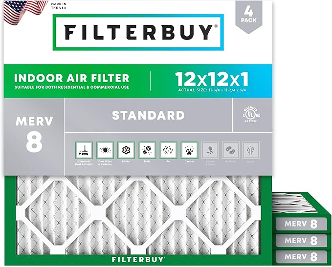 Filterbuy 12x12x1 Air Filter MERV 8 (MPR 700) Dust Defense Replacement (4-Pack), Electrostatic Pleated HVAC AC Furnace Filters, Made in USA (Actual Size: 11.75 x 11.75 x 0.75)