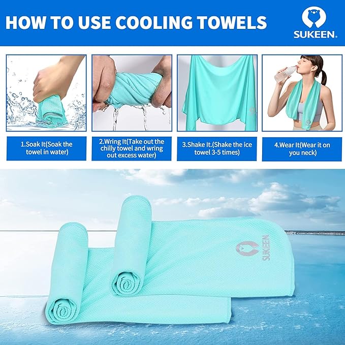 Sukeen 10 Pack Cooling Towels (40"x12") for Sweat, Quick-Drying Neck Cooling Wraps, Soft Breathable Cooling Towels for Neck and Face, Chilly SportsTowel for Yoga, Sport, Running, Workout-FlexoryFit