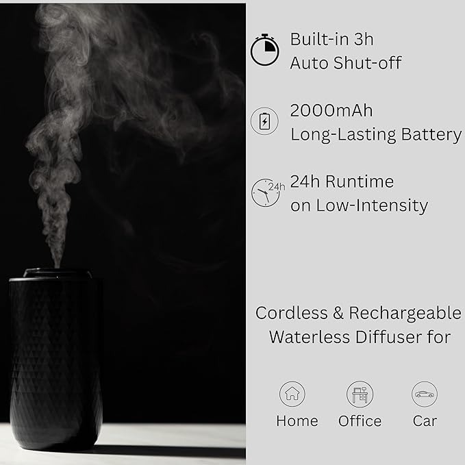 Waterless Essential Oil Diffuser - Portable Cordless Aromatherapy Diffuser for Home, Car & Office - 3 Mist Levels - 15ml Oil Capacity Waterless Scent Machine - USB-C Rechargeable