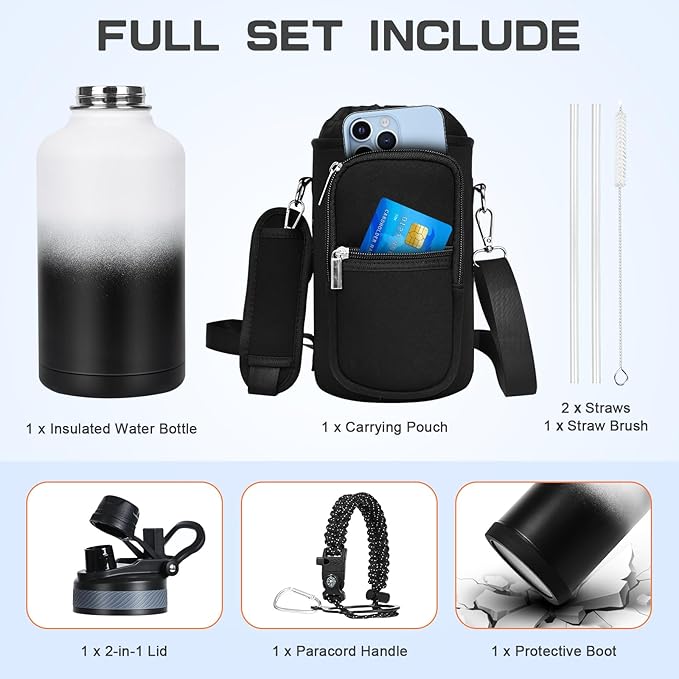 Insulated Water Bottle 64 oz, Half Gallon Water Jug Cold 48H, BPA Free Stainless Steel Bottles with Straw/Chug 2-in-1 Lid, Bag, Paracord Handle, Silicone Boot, Sports Gym School Metal Flask-FlexoryFit