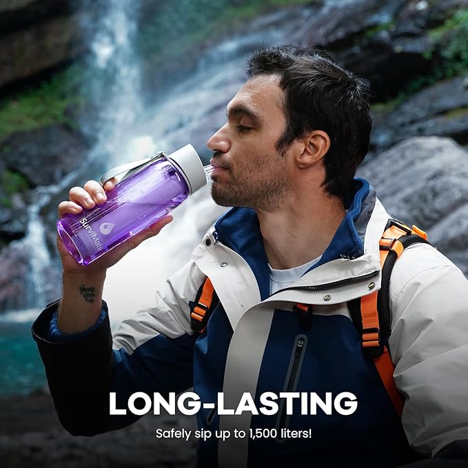 Survimate 5-Stage 0.01μm Ultra-Filtration Filtered Water Bottle, BPA-Free Material, NSF/ANSI 42&372 Certified, Portable Water Filter Bottle for Survival, Camping, Hiking, and Emergency Use