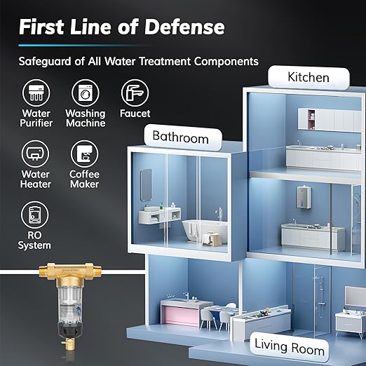 Spin Down Sediment Filters With Scraper, Well Water Filter System for House, Reusable Whole House Water Filter for Well Water, 300 Micron, 1" MNPT + 3/4" FNPT + 3/4"MNPT, BPA Free