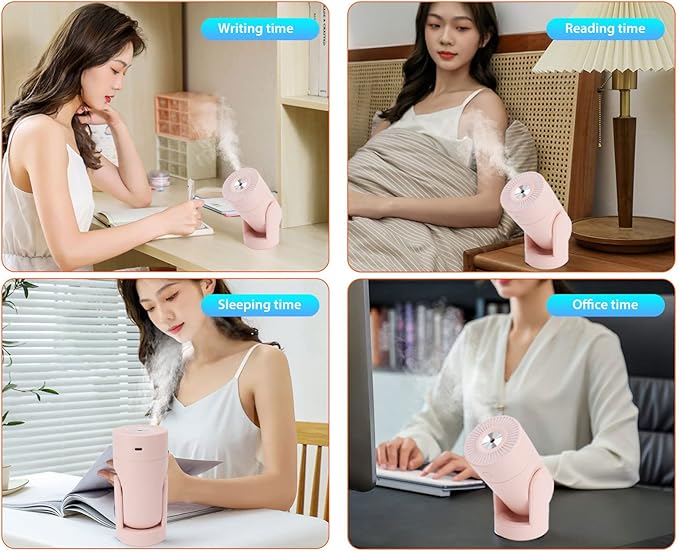 Portable Mini Humidifier,USB Automatic Rotating Super Quiet Small Desktop Cool Mist Humidifier for Bedroom Office Car Travel (Pink)