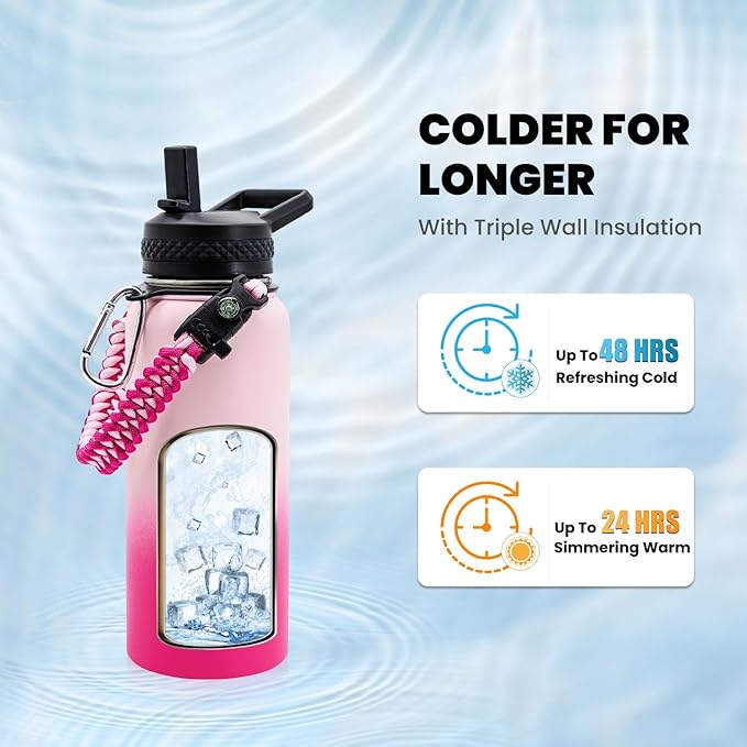 Insulated Water Bottle 32 oz, Triple Wall Vacuum Stainless Steel (Cold for 48 Hrs), Leak Proof & Non-BPA, Modern Water Flask Jug with Paracord Handle & Straw Spout Lids, Ombre Pink-FlexoryFit