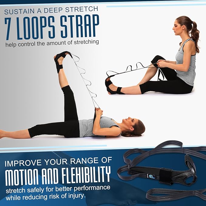 Foot and Calf Stretcher for Plantar Fasciitis, Achilles Tendonitis, Heel Spurs, Drop Foot. Yoga Stretching Strap for Leg, Thigh and Hamstring (Black)-FlexoryFit