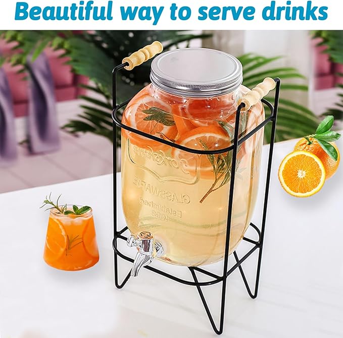 Tfwadmx 1 Gallon Drink Dispenser Glass Beverage Dispenser With Stand Leak Proof Stainless Steel Faucet Wide Mouth Mason Jar Style Drink Container Jug for Parties, Weddings, Lemonade, Cold Water