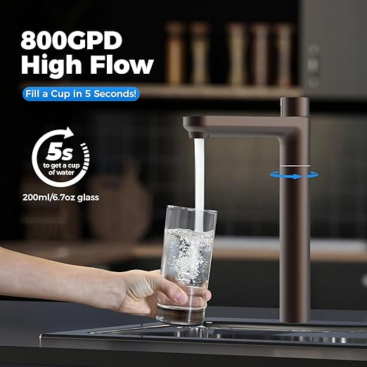 Ecoviva Alkaline Reverse Osmosis RO Water Filter Filtration Under Sink System (Brown Faucet, RO 800GPD)