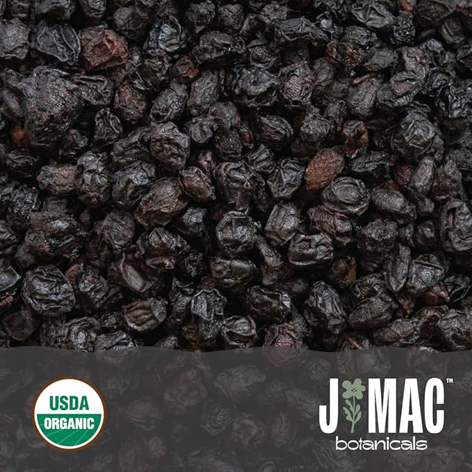 J Mac Botanicals Certified USDA - 100% Organic Dried Elderberries - 1lb Bulk - Non-Irradiated, Non-GMO, Whole Black Elderberry Immune Support - Raw Vegan Sambucus 1 Pound-FlexoryFit