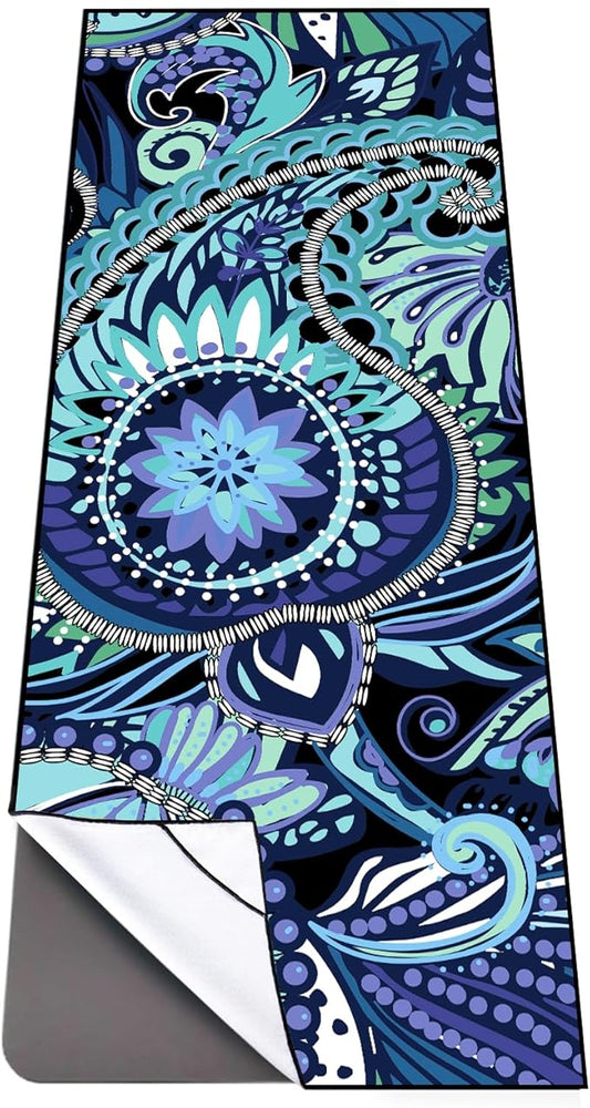 QiyI Yoga Mat Towel with Corner Pockets, Non Slip Sweat Absorbent Hot Yoga Towels, Soft Yoga Blankets with Travel Bag, Skidless Mat Cover for Workout, Gym, Fitness - 70"x26", Vintage Paisley-FlexoryFit