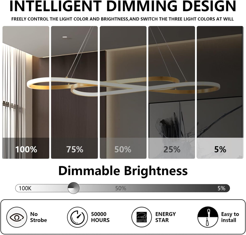 Gold Led Chandelier for Kitchen Island Lighting,Dimmable Modern Chandelier for Dining Room, L39.4" Modern Led Pendant Light Fixture Height Adjustable Brushed Gold Dining Room Light Fixture Over Table