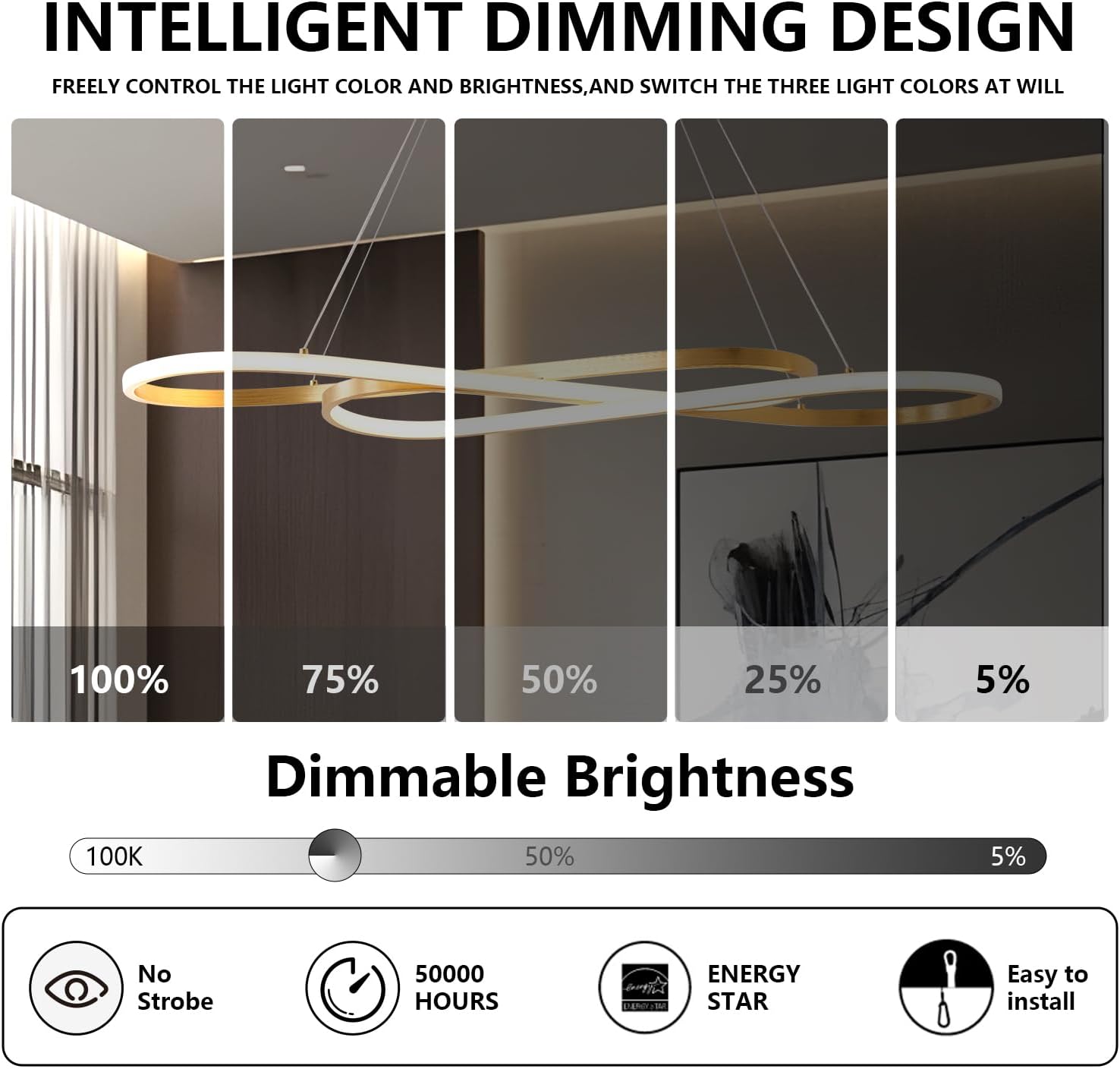 Gold Led Chandelier for Kitchen Island Lighting,Dimmable Modern Chandelier for Dining Room, L39.4" Modern Led Pendant Light Fixture Height Adjustable Brushed Gold Dining Room Light Fixture Over Table