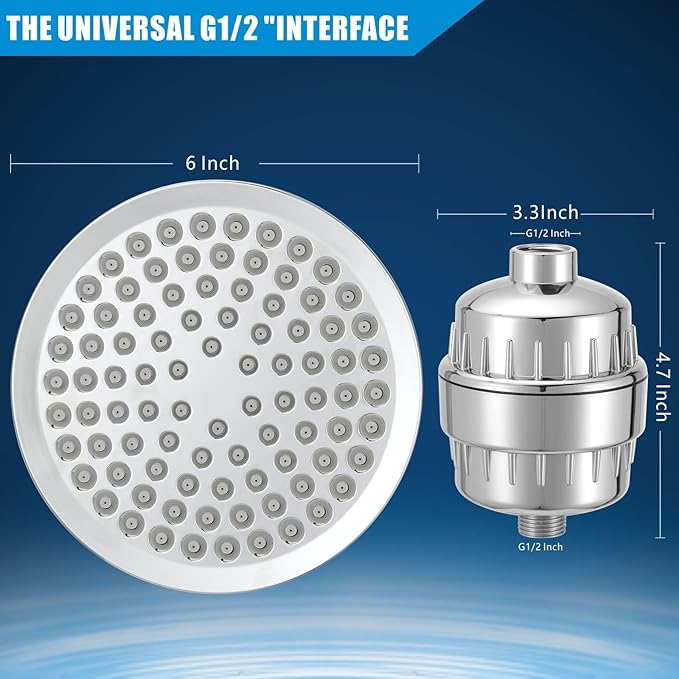 Filtered Shower Head, High Pressure Rain Shower Head Filter Set for Hard Water Removes Chlorine and Harmful Substances (Chrome)